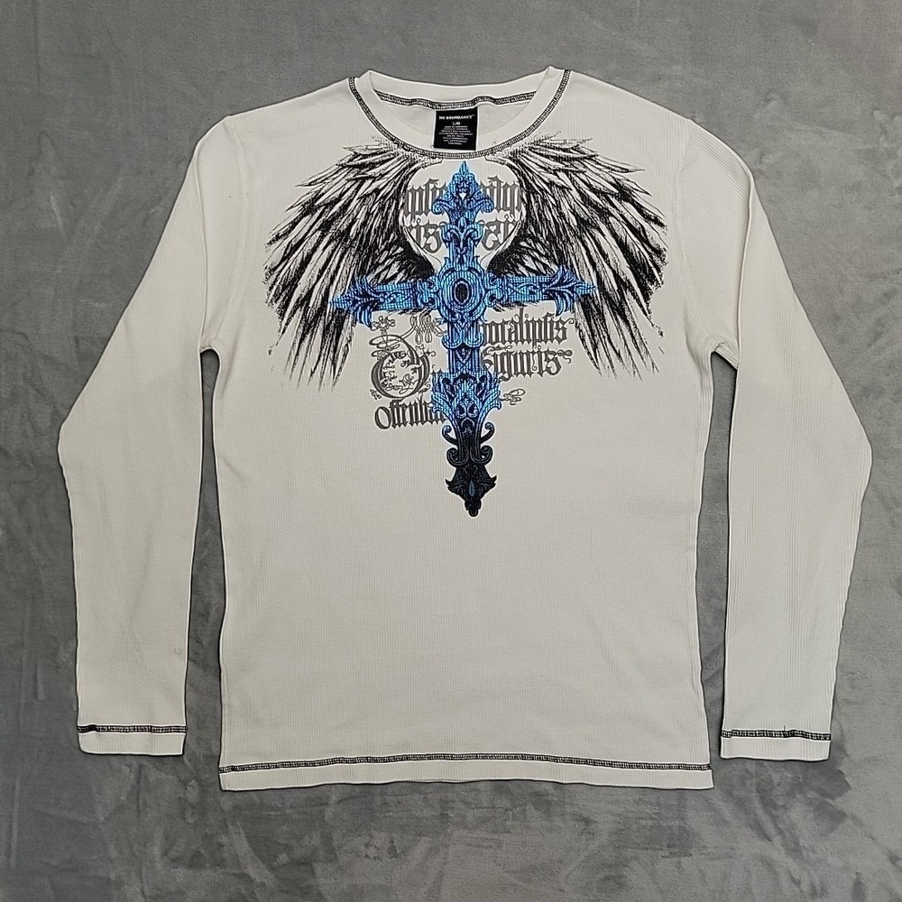 No Boundaries Thermal Shirt Womens Large White Cyber Y2K Grunge Winged Cross